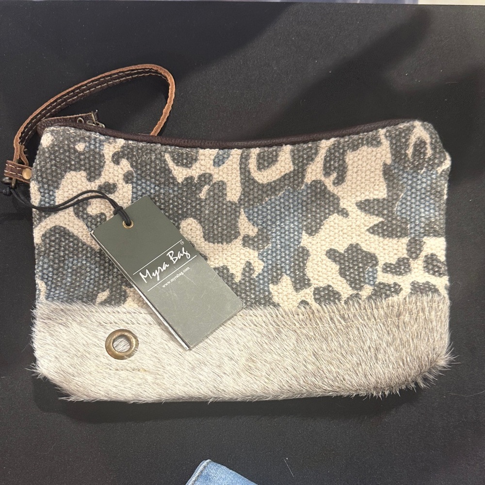Myra Bag Gray and Cream Animal Print Wristlet